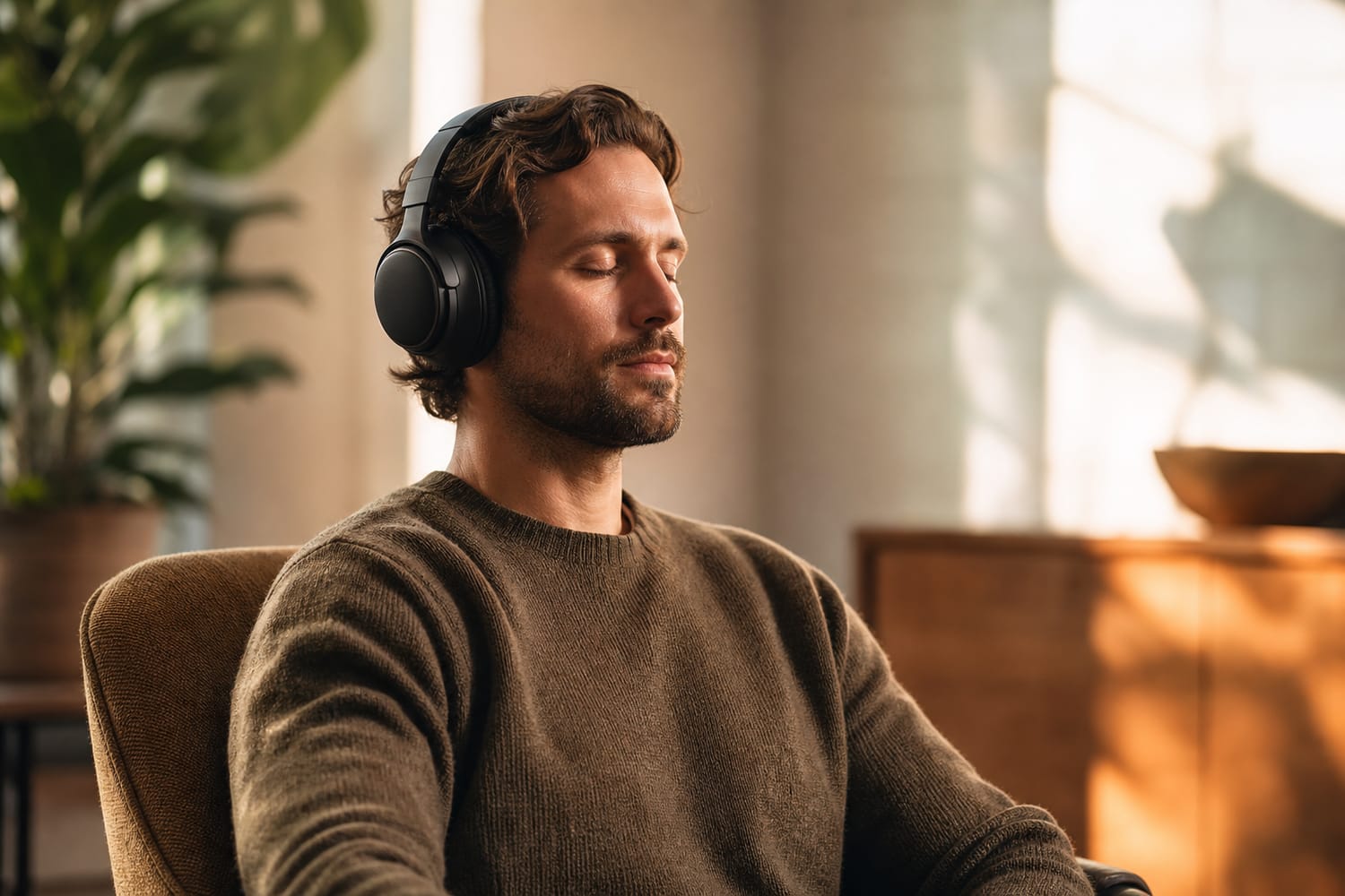 A man wearing over-ear noise-cancelling headphones, eyes closed, meditating in soft morning light.