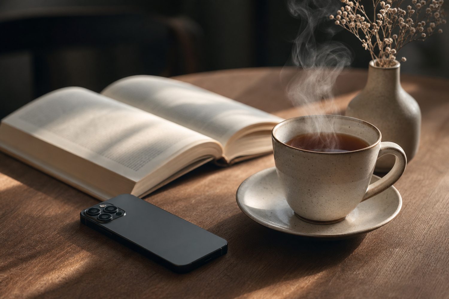 A phone lying face down on a wooden table beside an open book and a steaming cup of tea, soft afternoon light falling across the scene