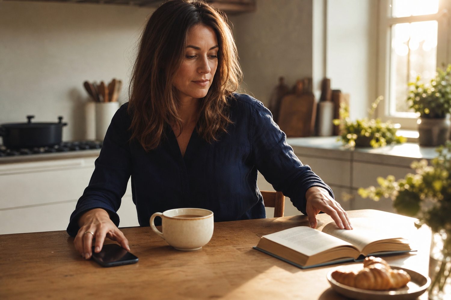 A woman at a sunlit kitchen table setting her phone face down and reaching for an open book beside a cup of tea, warm morning light streaming through the window.