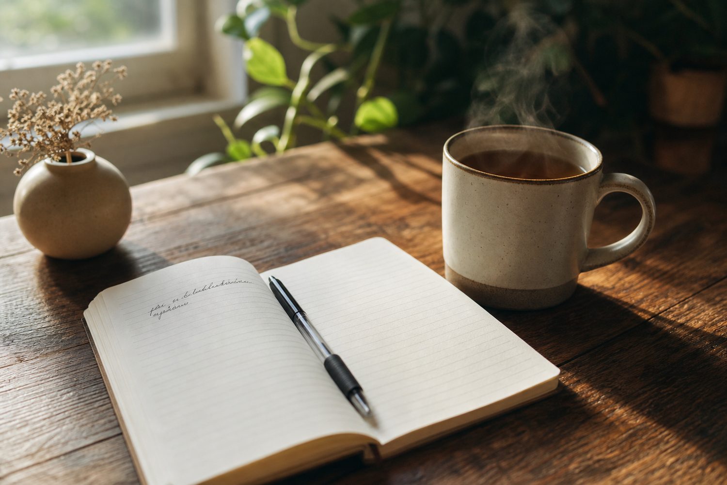 A journal open on a wooden desk with a single line written, a mug of tea beside it, soft morning light through a window.