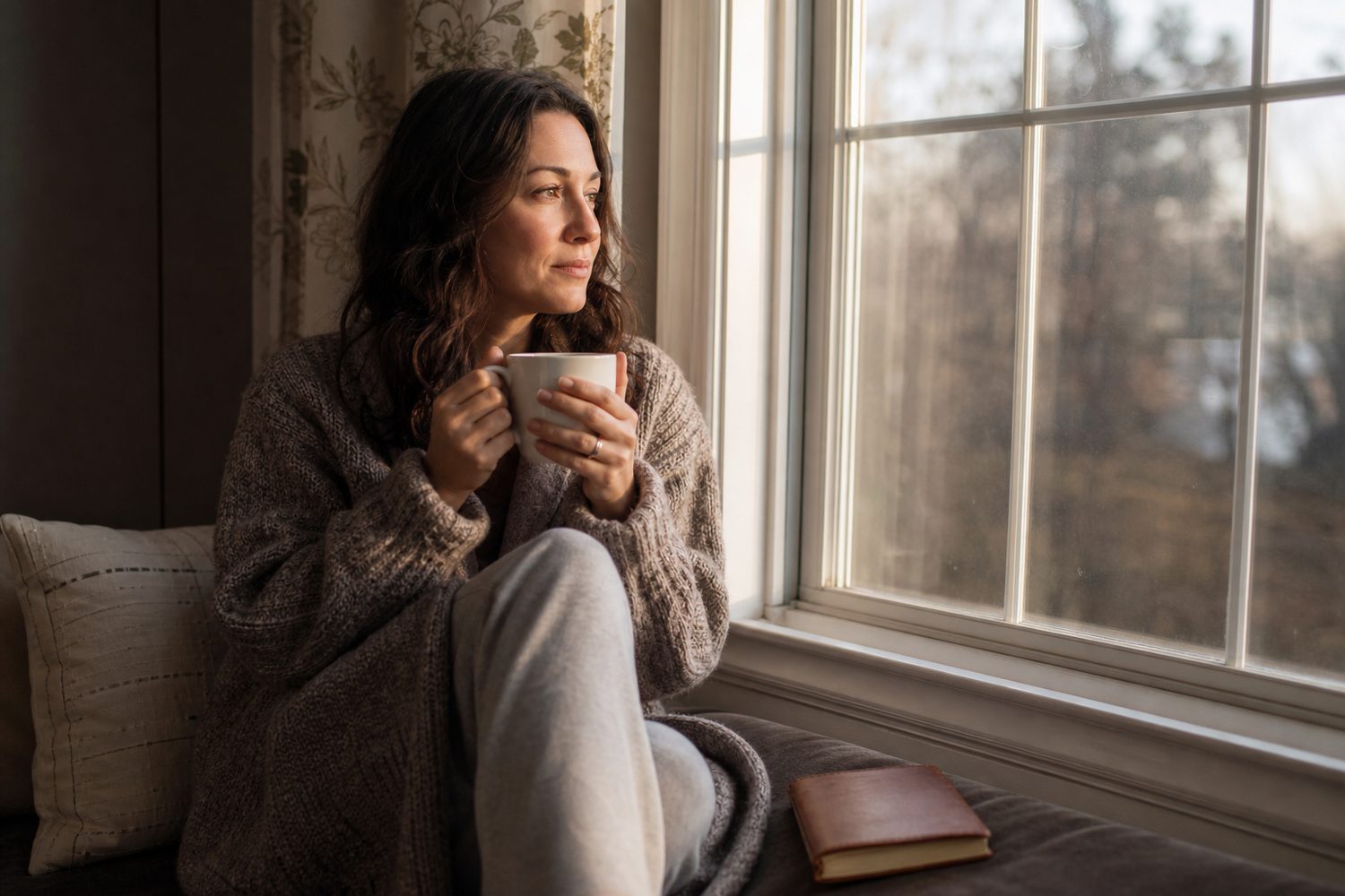 A woman sitting by a window with a warm drink and a calm, accepting expression, a closed journal resting beside her in soft morning light.
