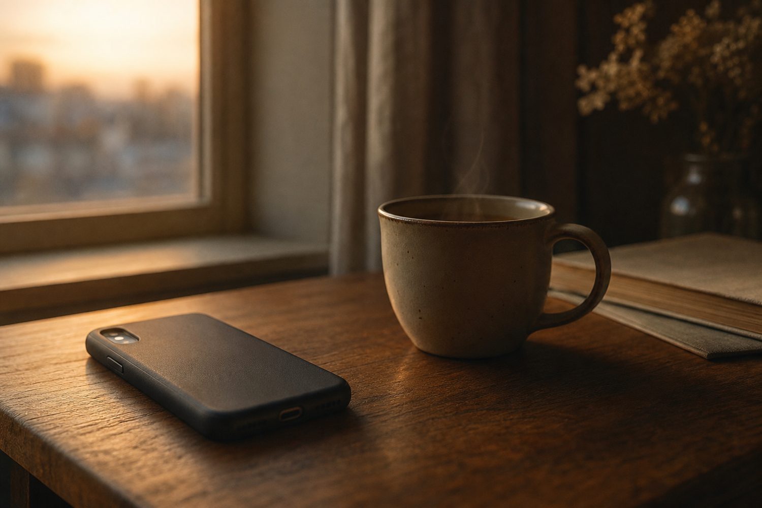 A phone face down on a wooden table beside a cooling cup of tea, the decision not to reread the message, calm evening window light.