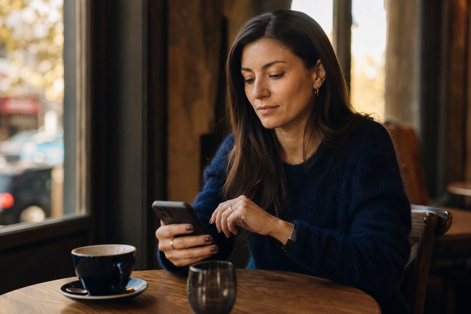 A woman pausing over her phone at a cafe table, thoughtful rather than distressed, deciding not to reread the message again, soft warm afternoon light.