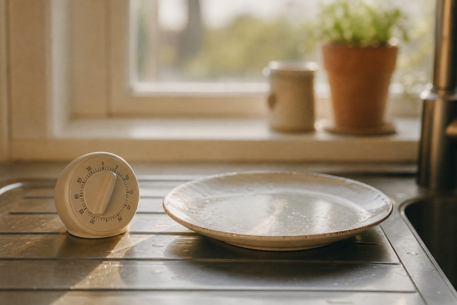A kitchen timer beside a single washed plate on a draining board, one small thing done, soft afternoon light.
