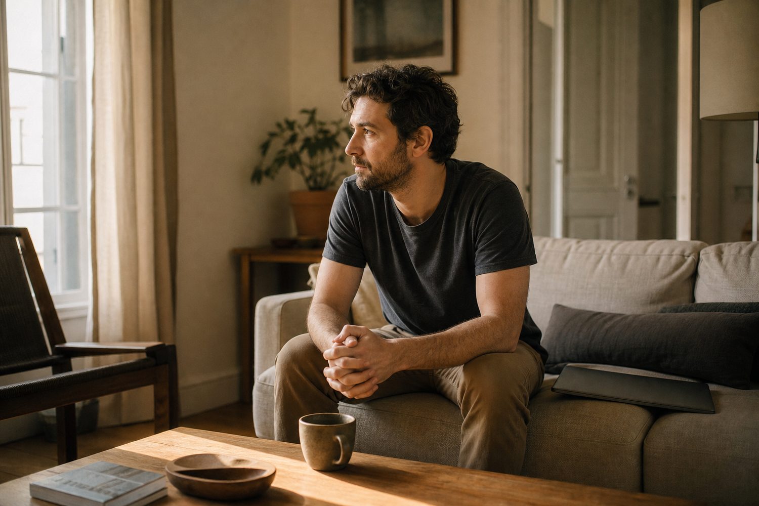 A man sitting on the edge of a sofa in soft morning light, laptop closed beside him, gathering himself before starting the day, calm and human, warm neutral tones.