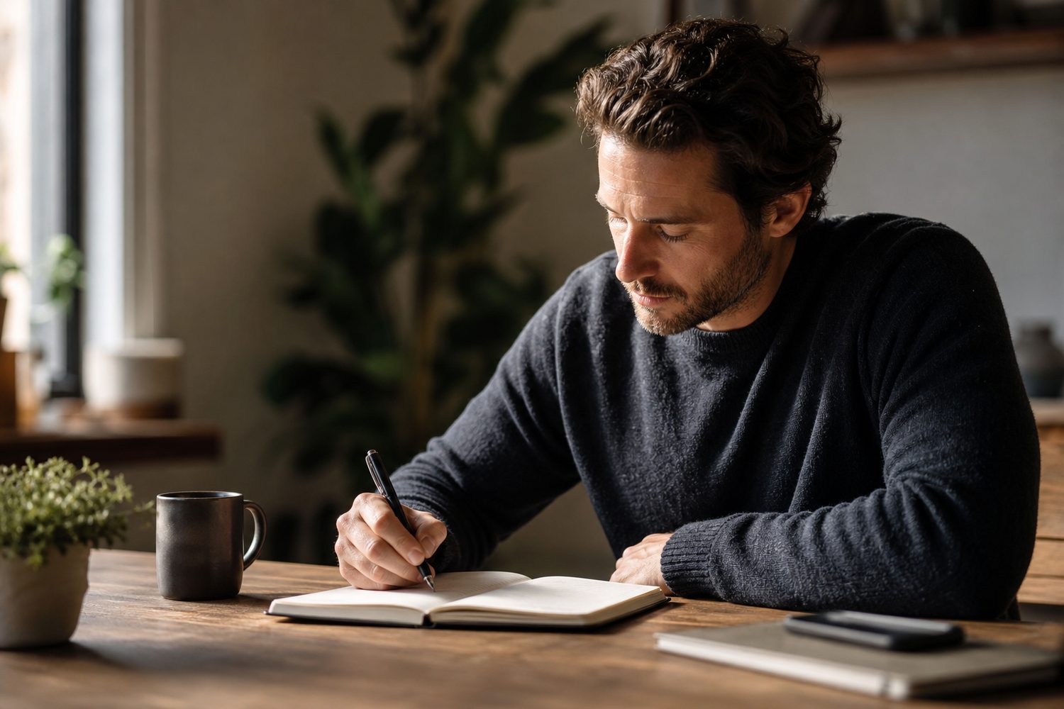 A man writing focused intentions in a lined notebook at a wooden desk, morning light through a nearby window, calm and purposeful.