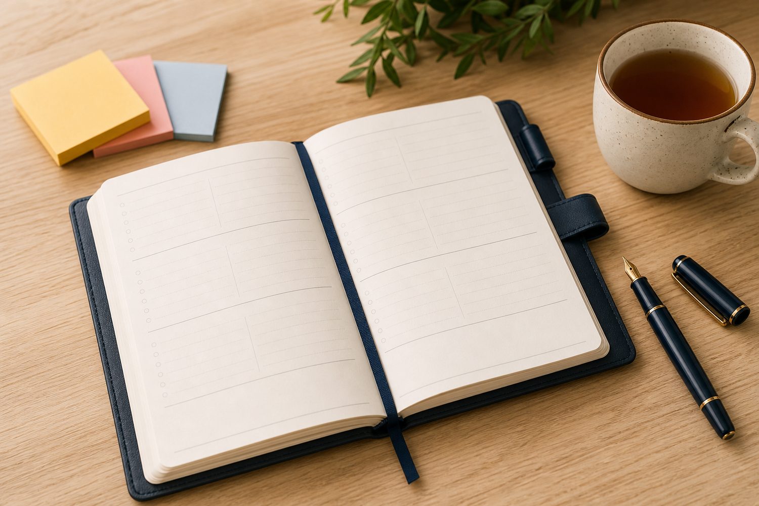 An abstract overhead view of a planner open on a clean desk with colourful sticky notes and a cup of tea, warm natural tones, organised and inviting.