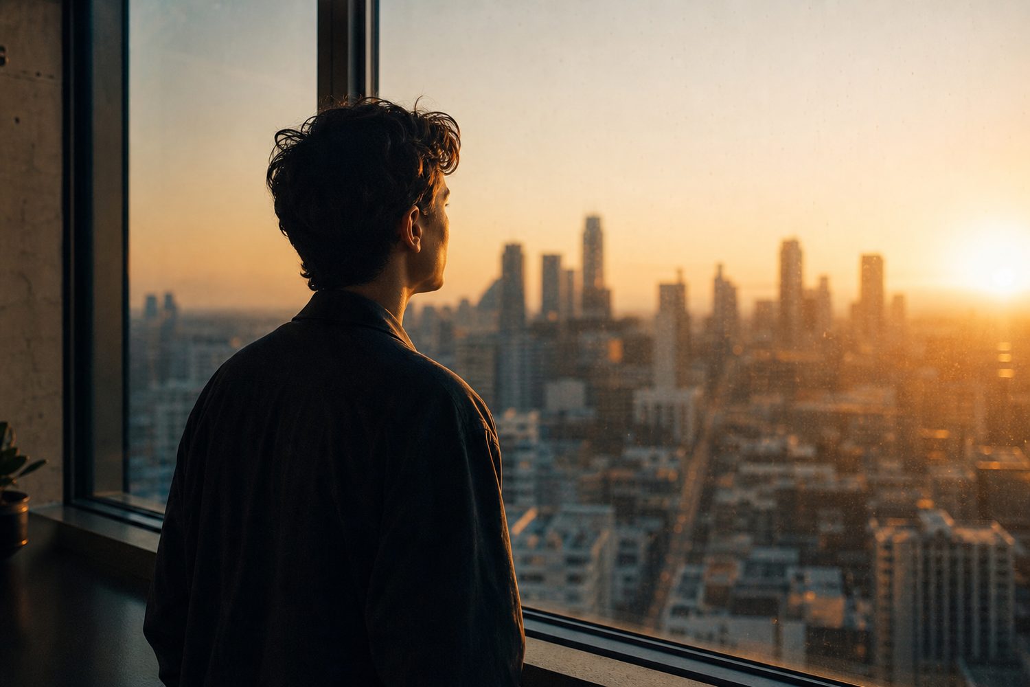 A person standing at a window looking out at a sunrise cityscape, reflective and calm, golden light on their face and shoulders, gender neutral silhouette.
