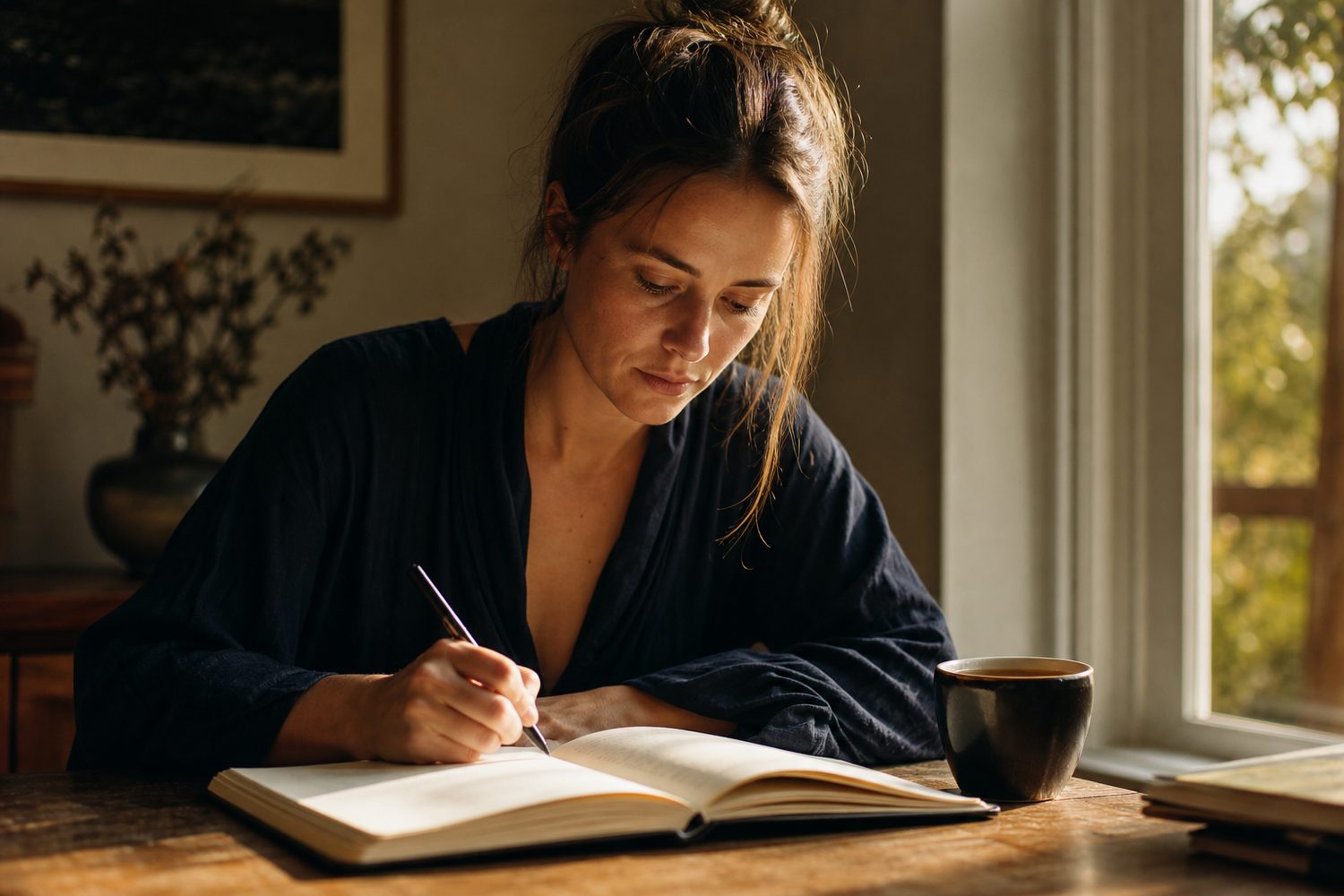 A woman writing intentions in a journal at a sunlit wooden table, warm golden morning light falling across the page.