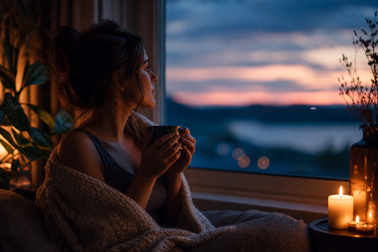 A person sitting calmly by a window at dusk with a warm mug and a soft blanket, shoulders relaxed, a candle glowing nearby, restful warm and blue tones.