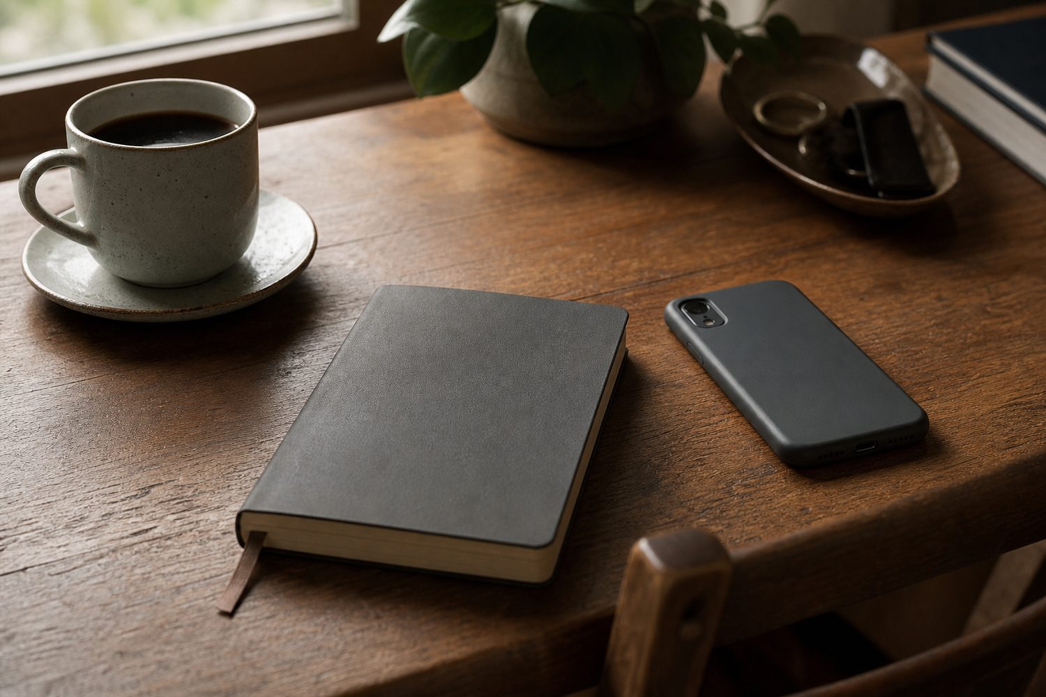 A closed notebook and a phone face down on a warm wooden table beside a cup of coffee, a quiet unhurried moment before replying, soft daylight.