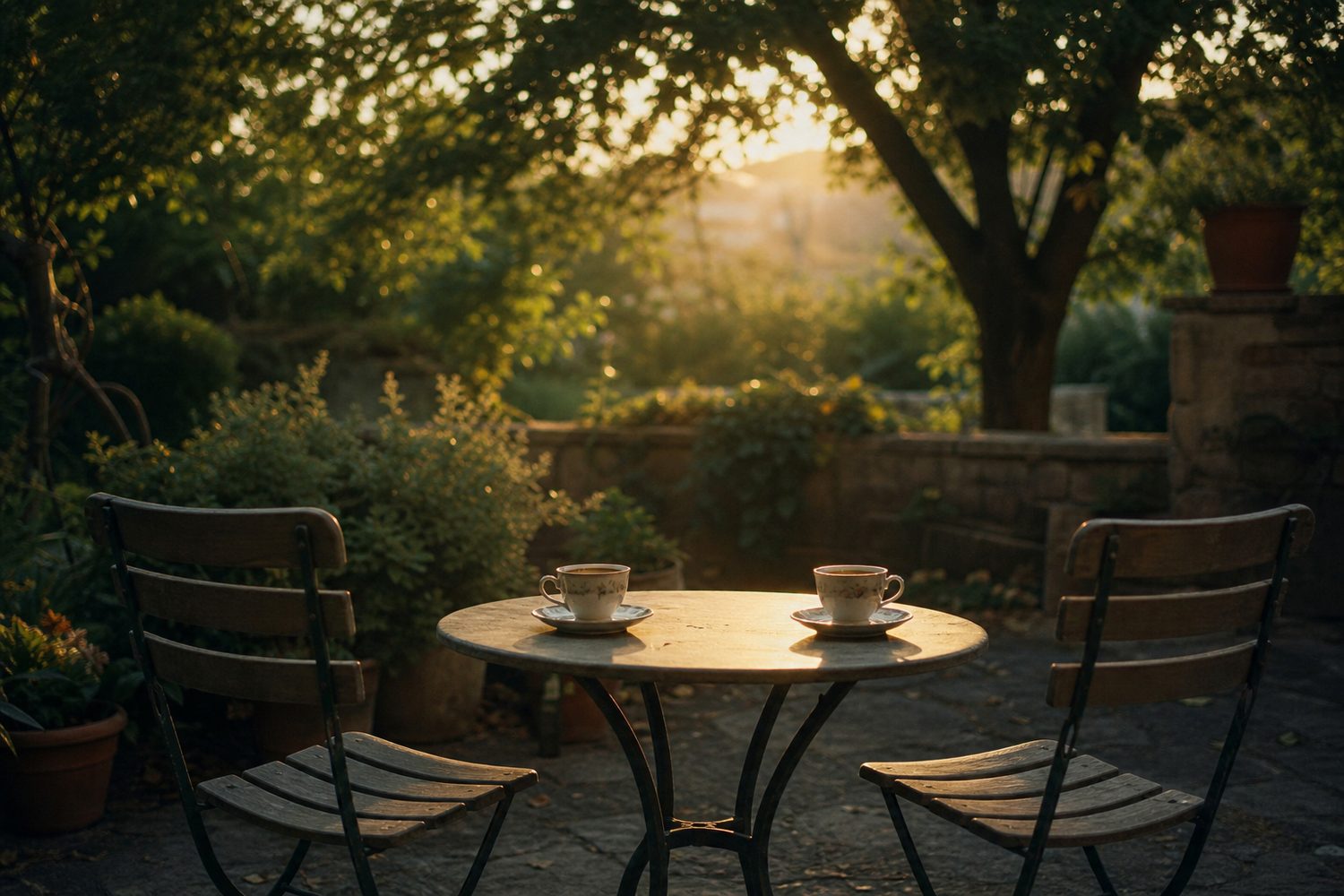 Two empty chairs at a garden table with two cups of tea, a sunlit pause in a difficult conversation, warm late afternoon light.