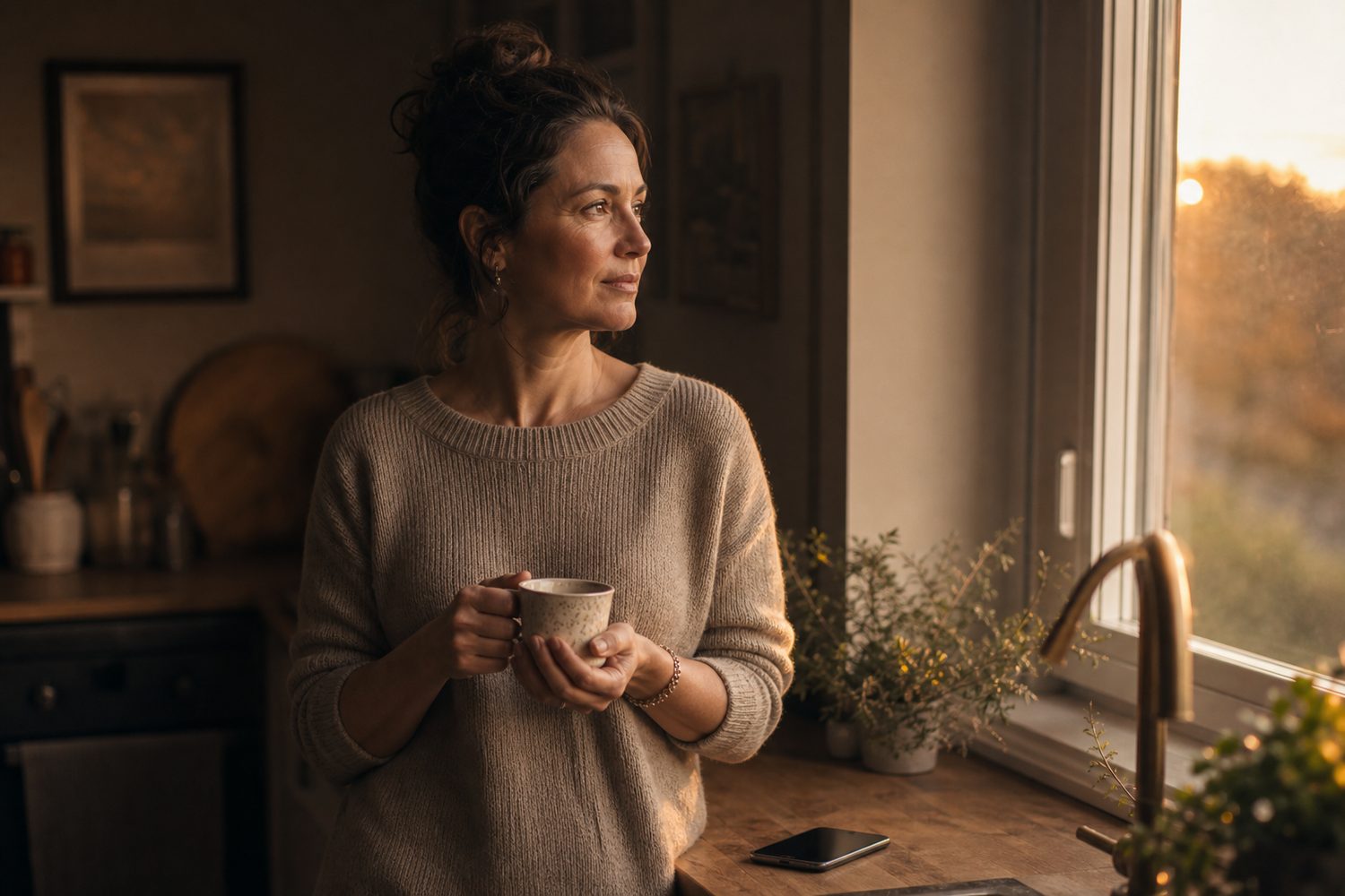 A woman standing calmly by a kitchen window with a cup of tea after a phone call, composed and steady, warm evening light, phone resting on the counter.