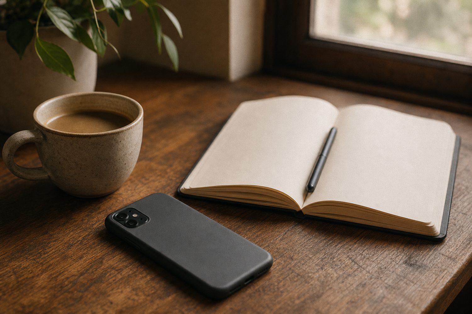 A simple flat lay of a phone turned face down beside a notebook and a cup of coffee on a warm wooden desk, soft daylight, calm and intentional.