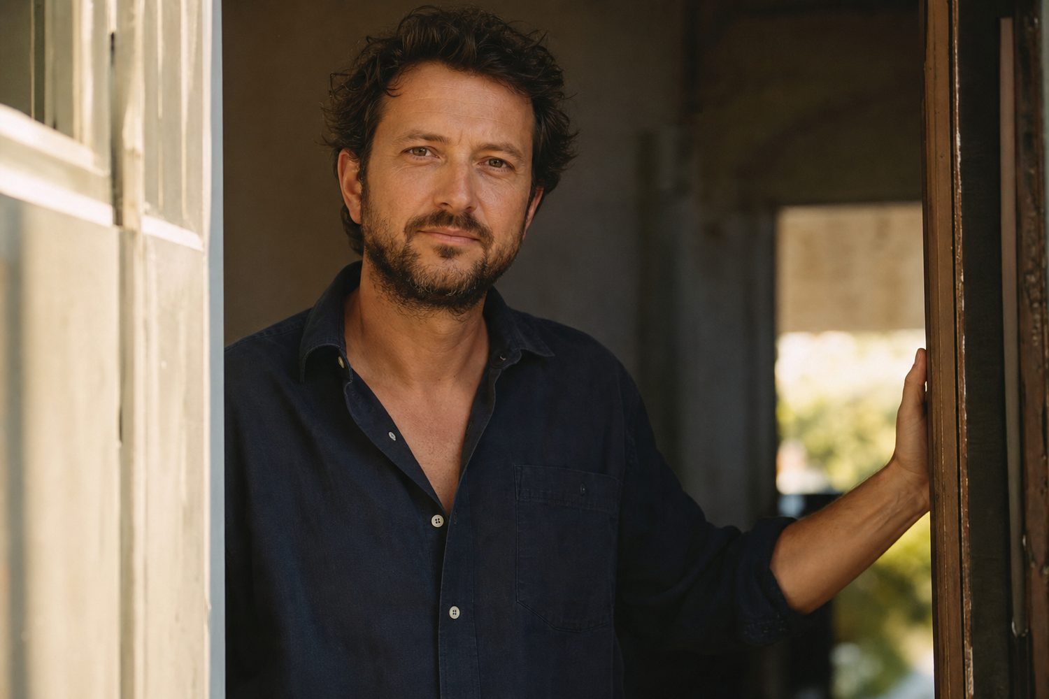 A person standing calmly in a doorway with warm morning light behind them, one hand resting gently on the frame, relaxed and grounded, warm neutral tones.