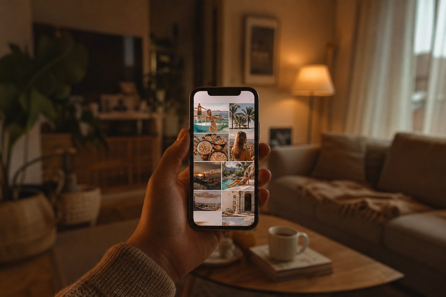 A phone showing a bright, glossy social feed held in one hand, while the person's real, calm living room sits softly in focus behind it, warm lamplight, honest and grounded.