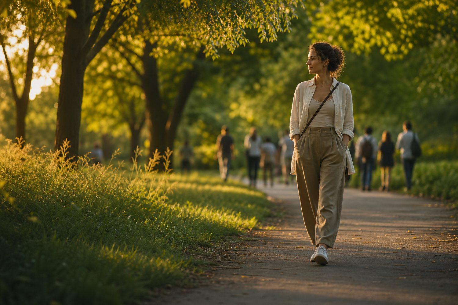 A person walking their own quiet path through a sunlit park, unhurried and content, other people softly blurred in the distance, warm golden light.