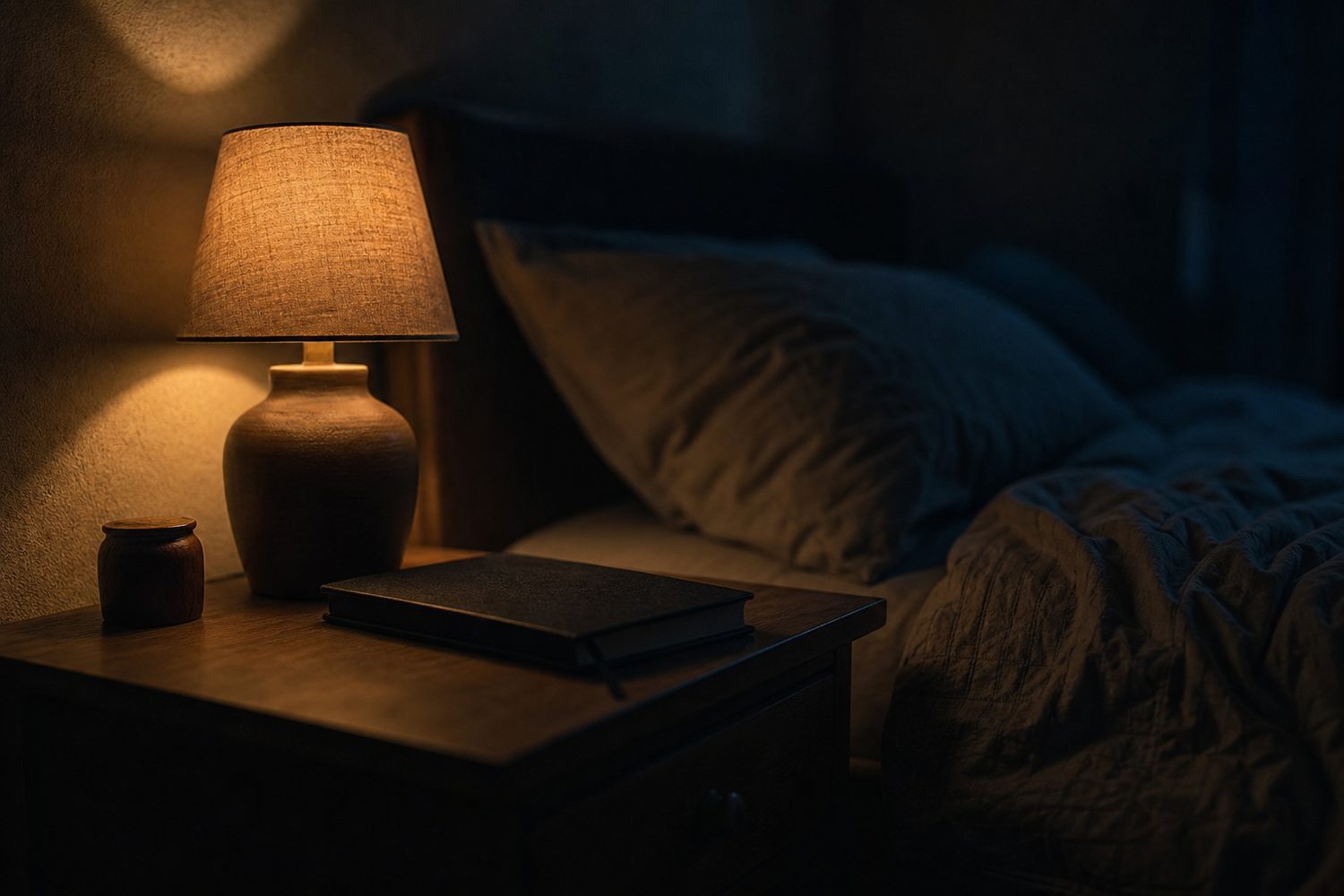 A dim bedside lamp glowing warm in a dark quiet bedroom, a notebook closed on the nightstand, restful shadows.
