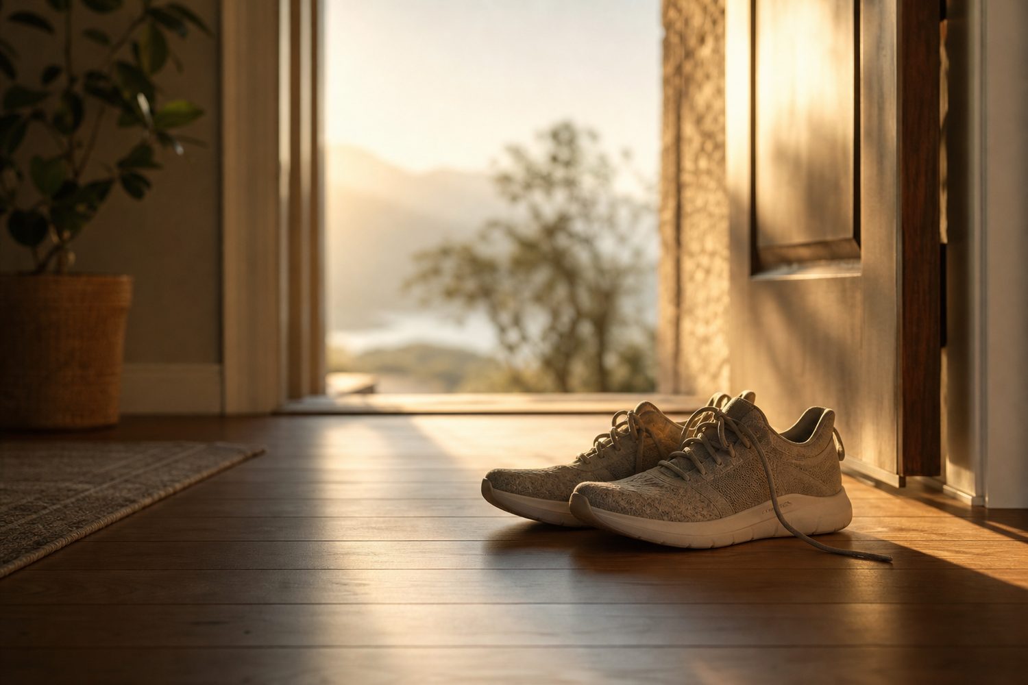 A pair of trainers by an open front door with soft morning light on the floor, the quiet suggestion of stepping outside instead of staying stuck in thought, warm and calm.