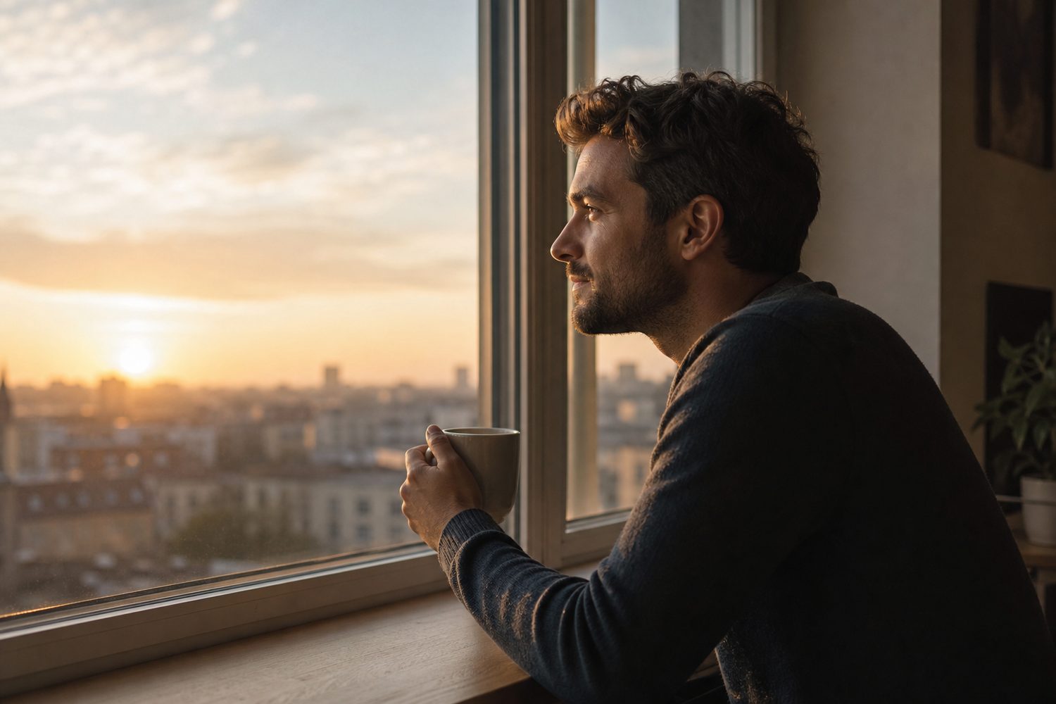 A person sitting by a window at dawn with a warm mug, looking calmly outward rather than down, soft morning light easing a busy mind, warm neutral tones.