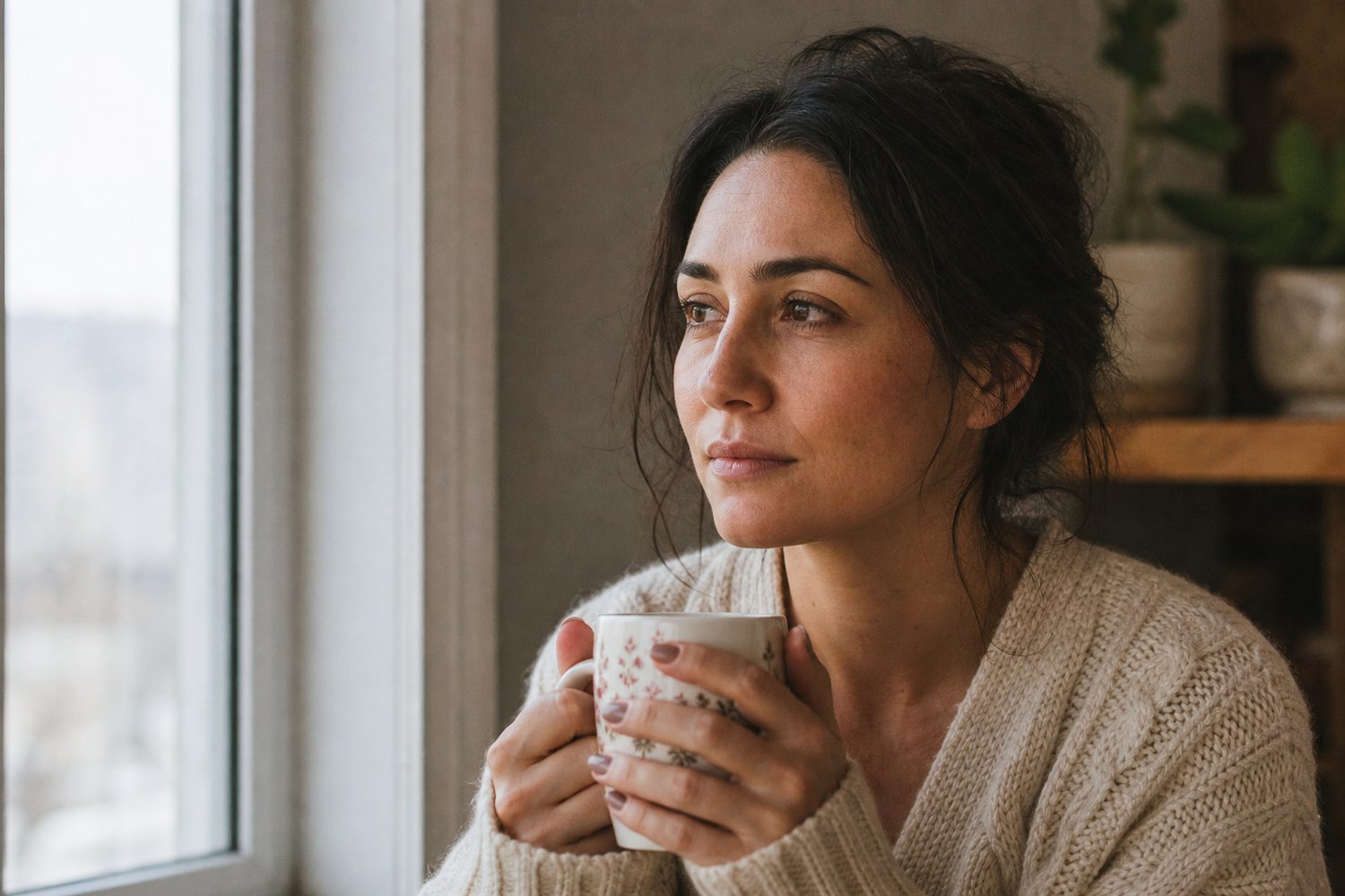A person sitting quietly with a cup of tea, looking thoughtful and calm by a softly lit window, warm neutral tones, a moment of choosing themselves.