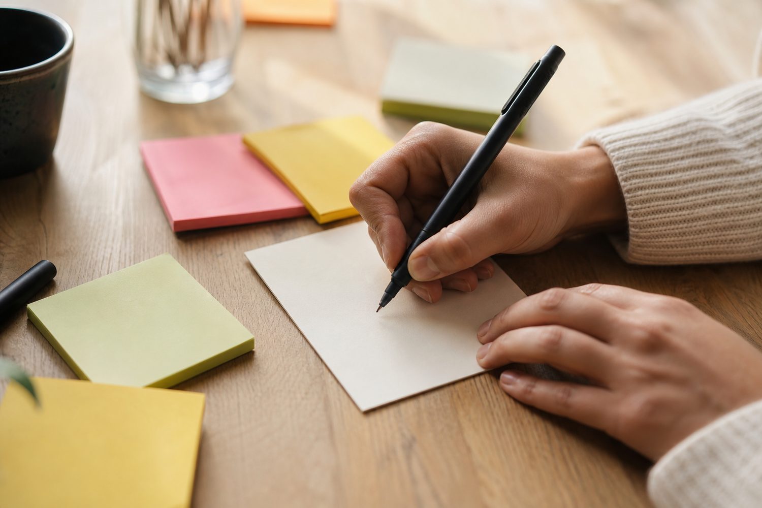 A hand writing a short affirmation in black ink on a small card, a few colourful sticky notes scattered on a light wooden surface.