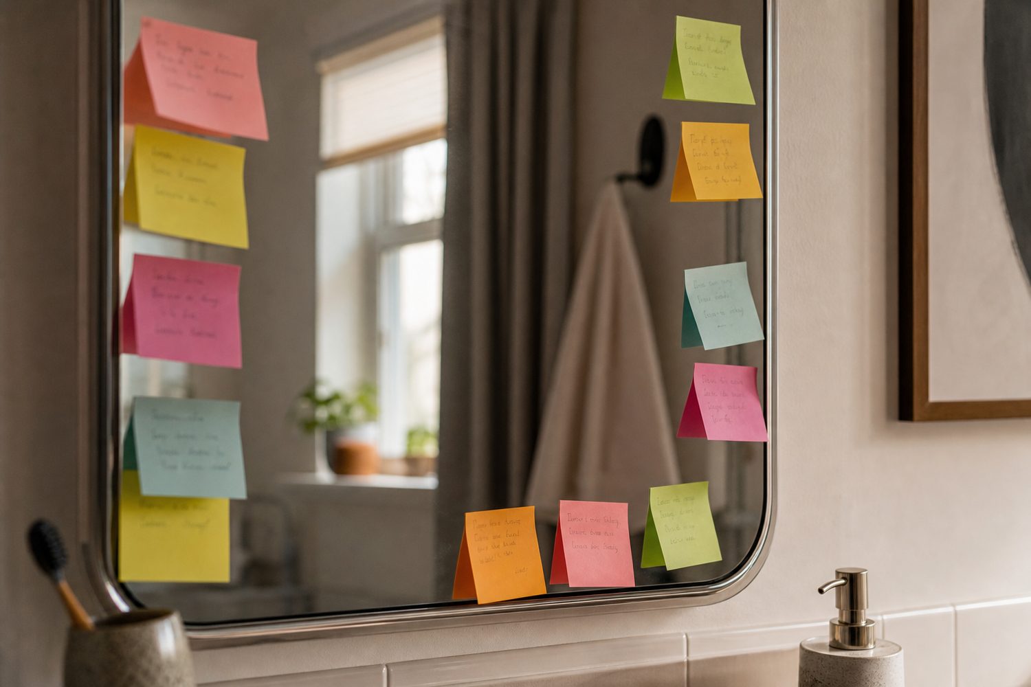 Colourful affirmation sticky notes arranged around a bathroom mirror, handwritten phrases visible in soft warm light.
