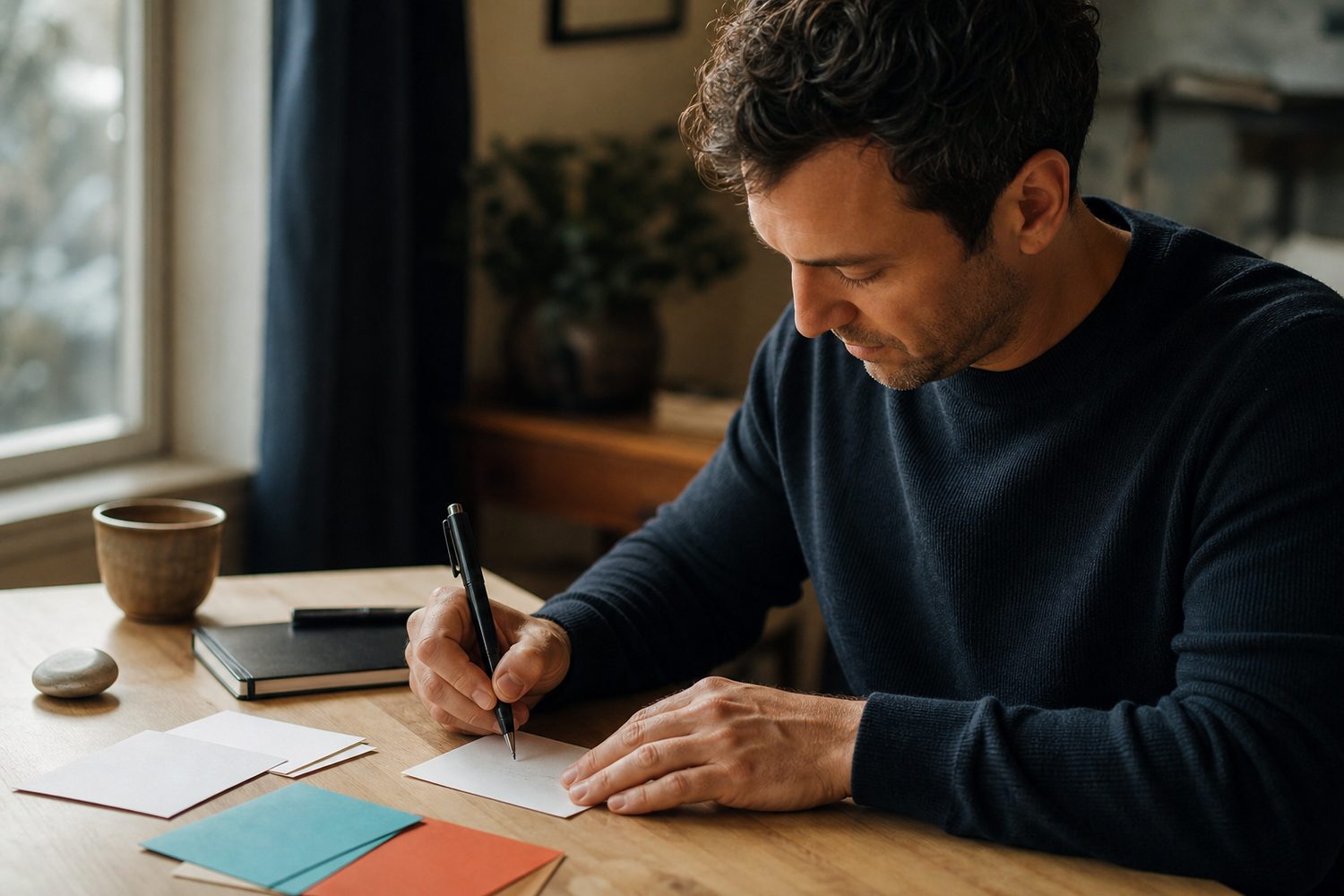 A man writing short affirmation phrases on colourful sticky notes at a sunlit wooden desk, warm morning light through a nearby window.