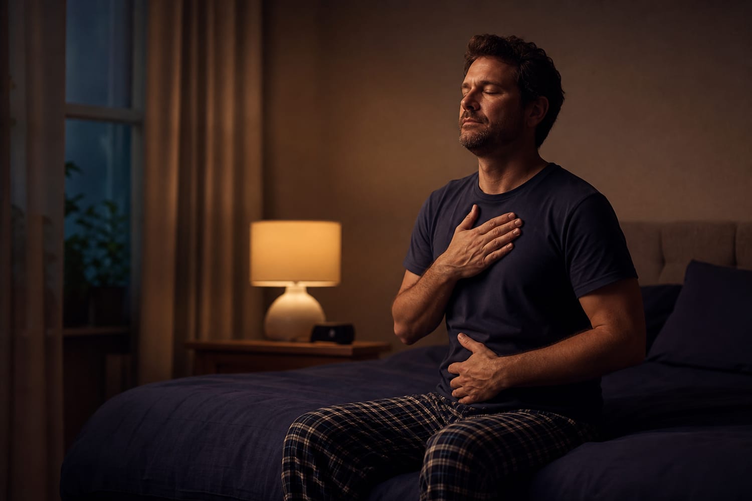 A man sitting on the edge of his bed doing a slow, calming breathing exercise before sleep in soft, dim light.