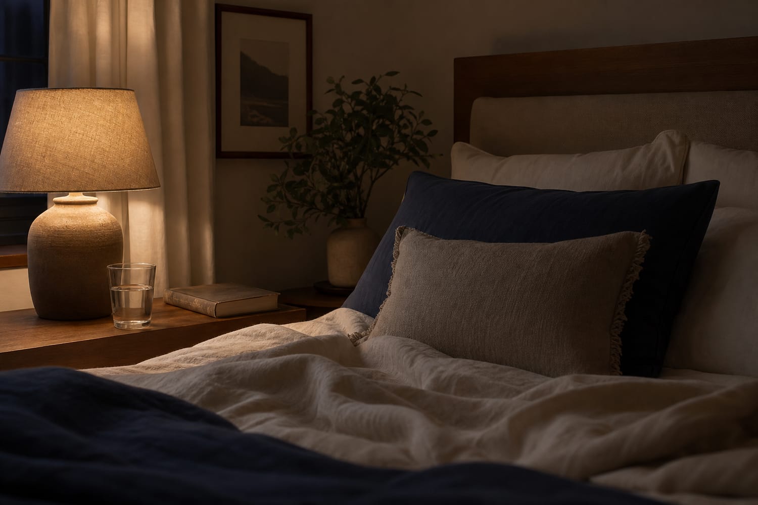 A serene, dimly lit bedroom in soft warm lamplight at night with a comfortable bed and a book on the bedside table.