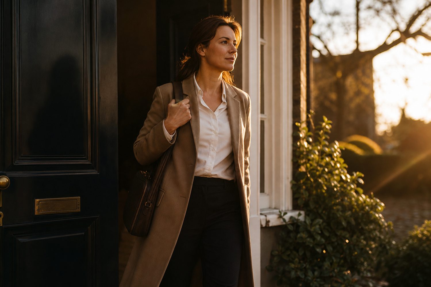 A person stepping out of their front door into morning sunlight carrying a laptop bag, looking purposeful and calm