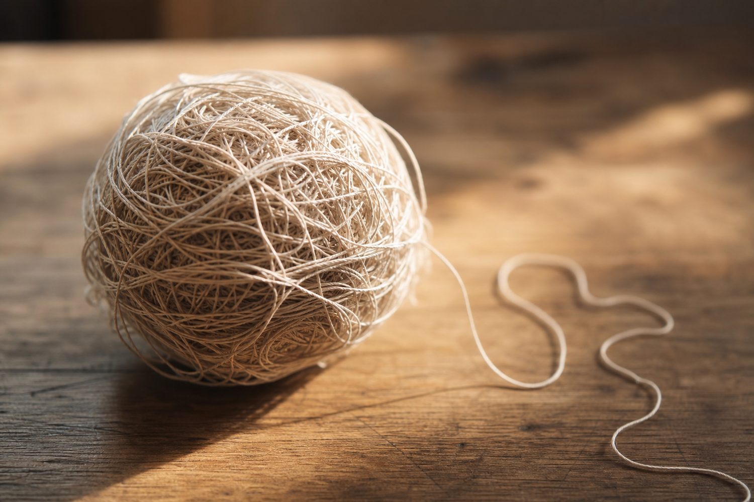 A tightly tangled ball of thread slowly beginning to unravel at one end, photographed on a warm wooden surface in soft natural light.