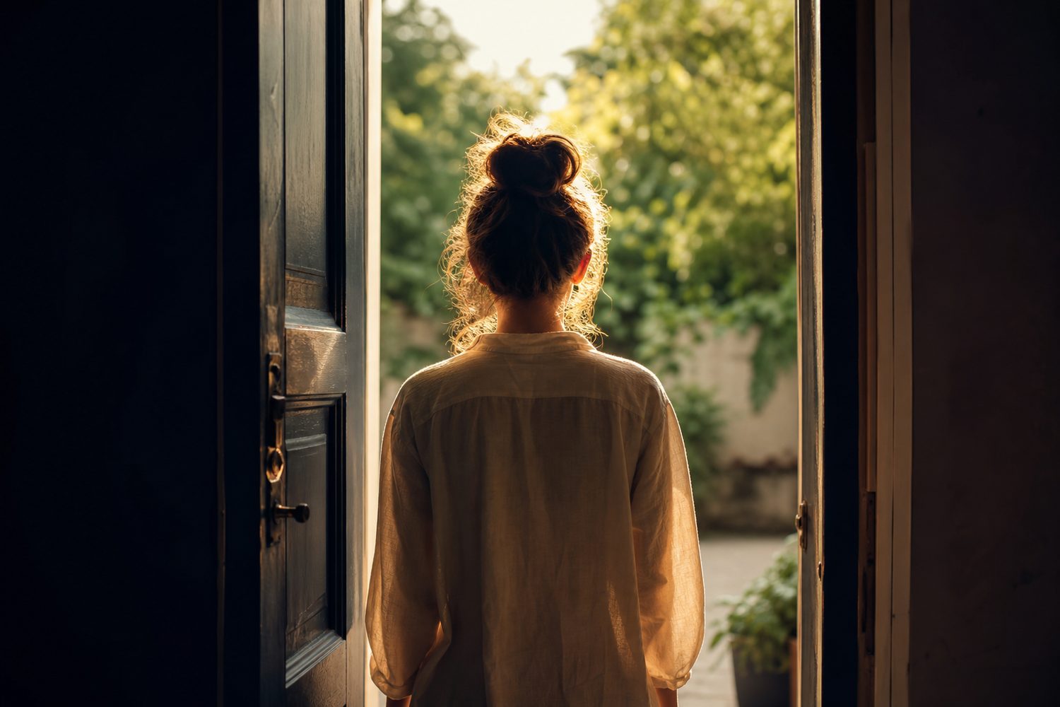 A person standing in a sunlit doorway looking out toward a calm garden, shoulders relaxed, taken from behind in warm golden light.
