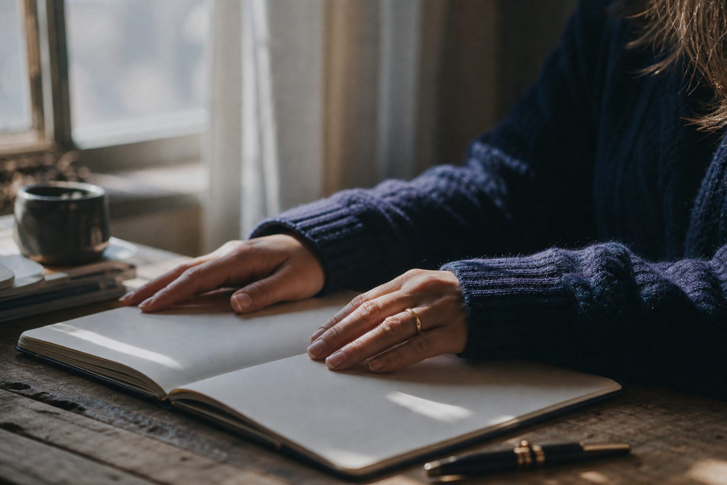 A close up of two hands resting calmly on an open journal beside a window, soft morning light casting gentle shadows across the page.