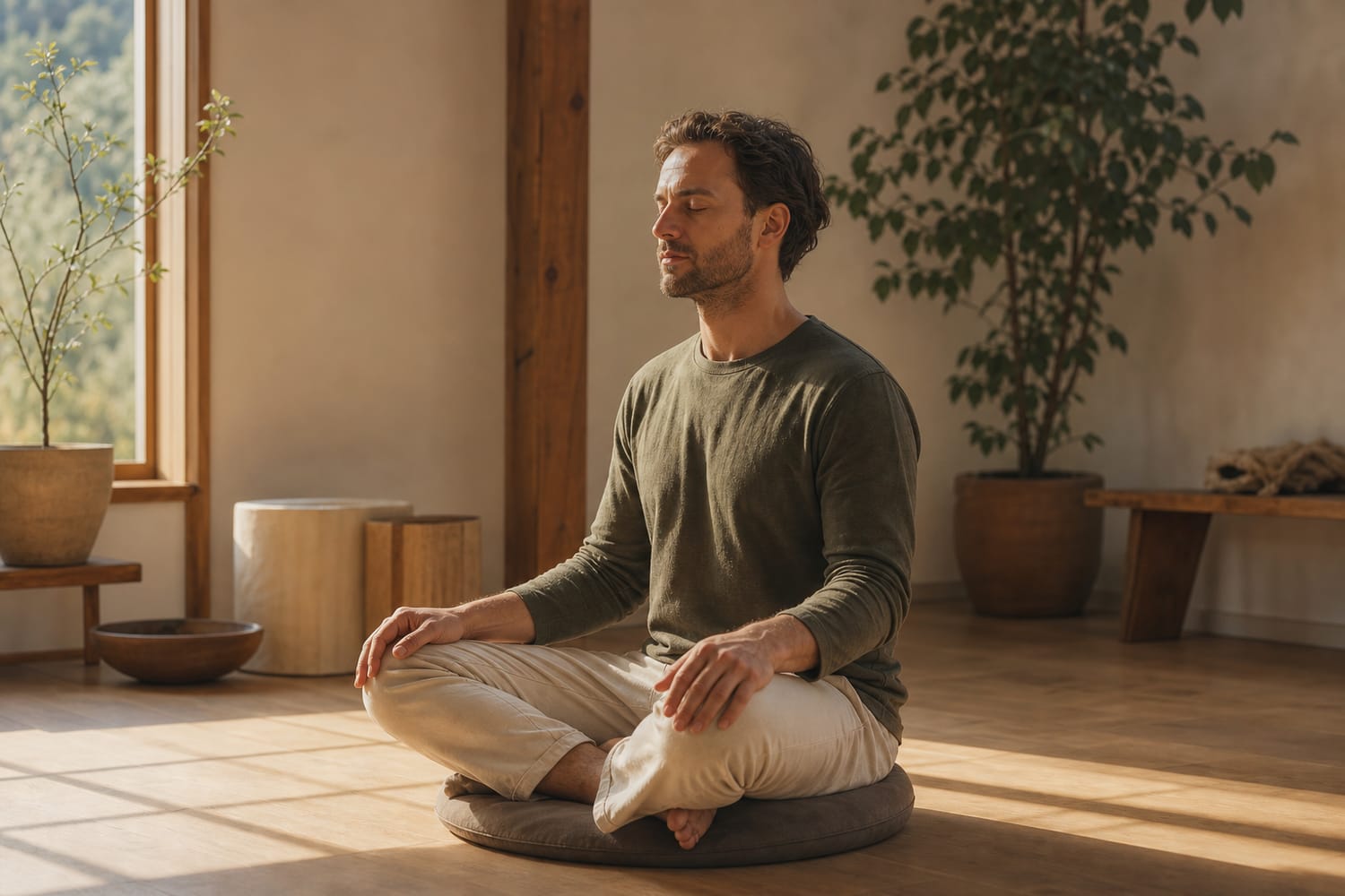 A man sitting cross legged on a round meditation cushion in a calm, sunlit room, spine tall and eyes gently closed.