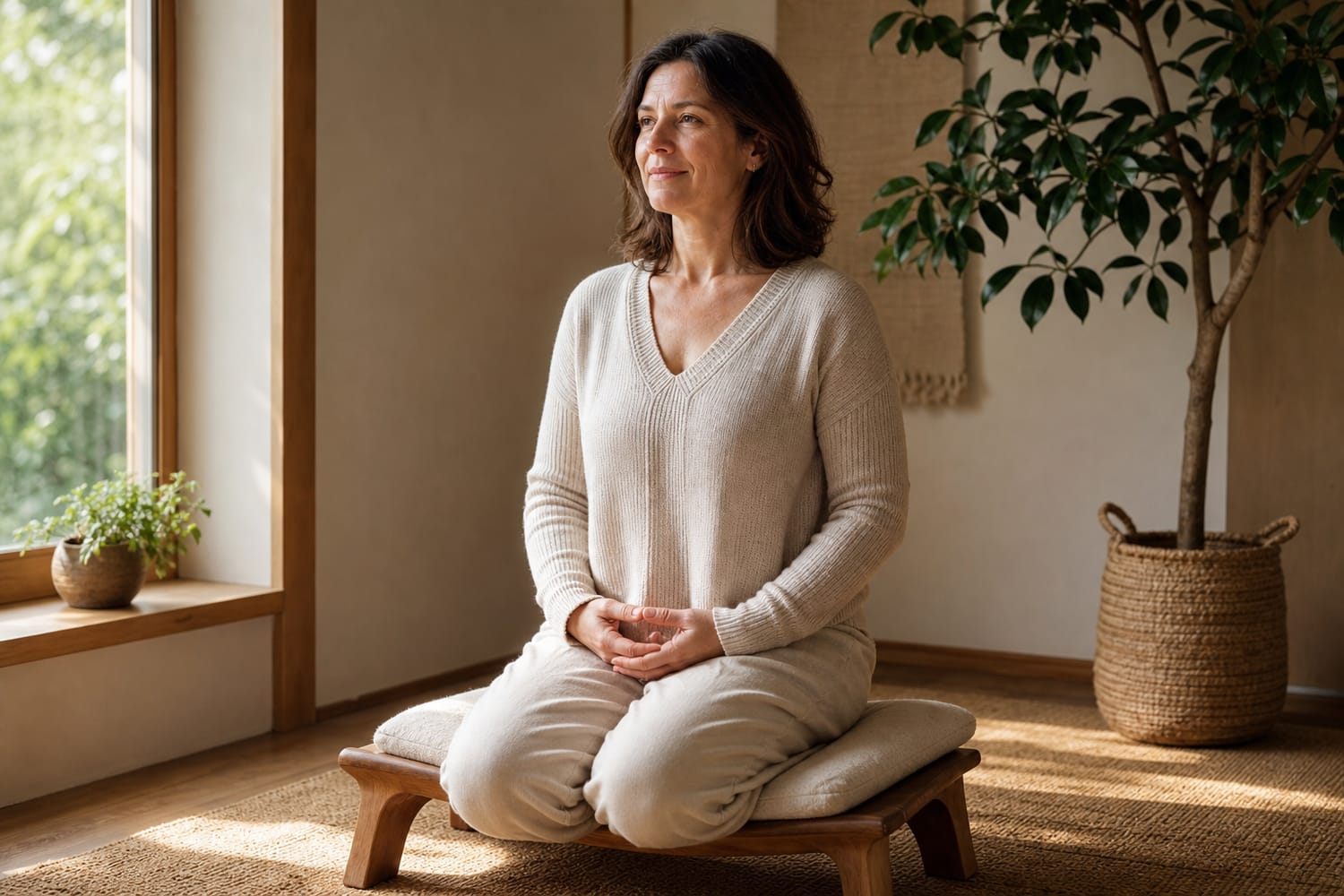 A woman kneeling comfortably on a low wooden meditation bench in a cosy corner, soft natural light, calm and upright.