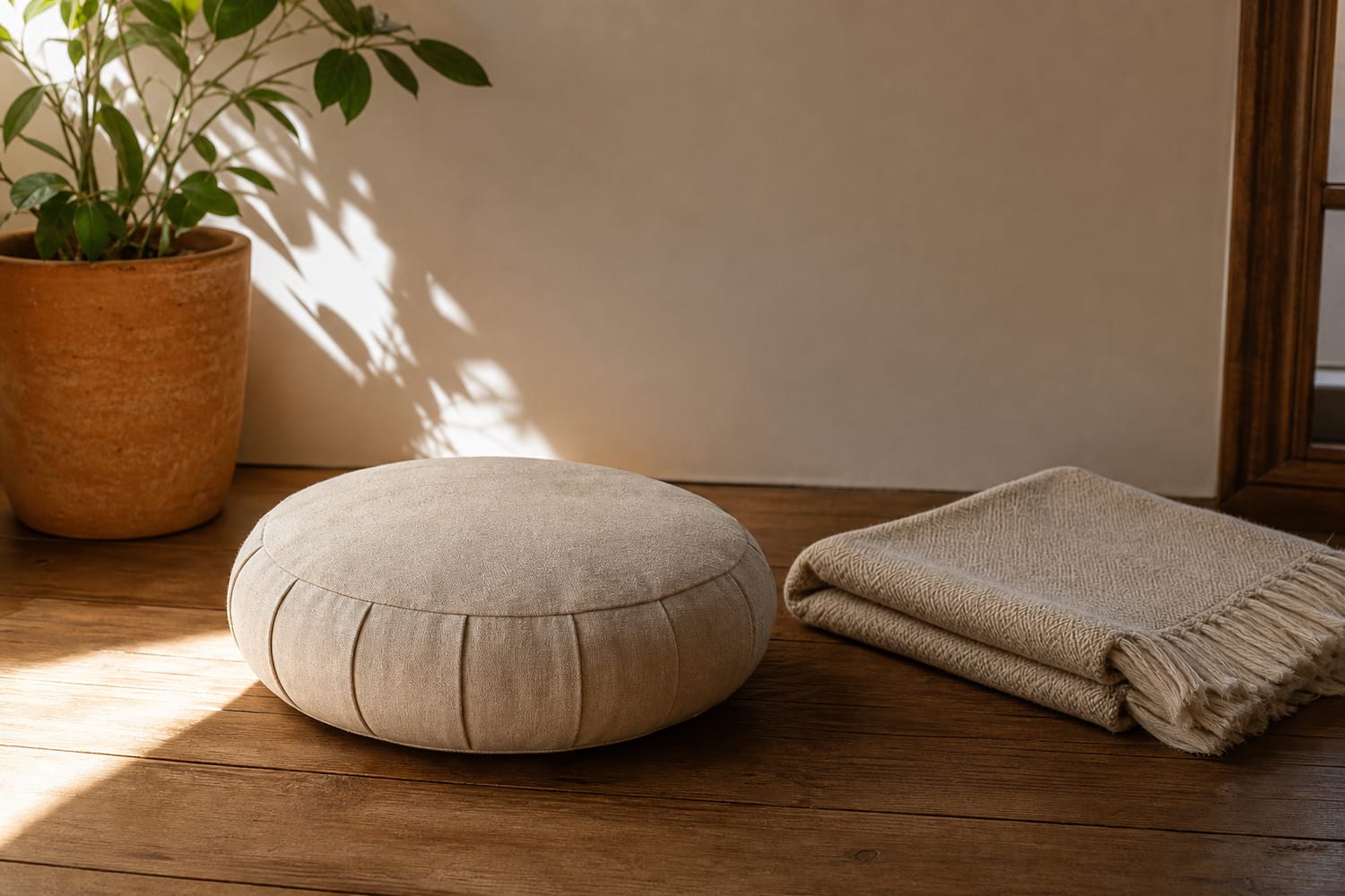 A round linen meditation cushion in a calm, sunlit corner of a room.