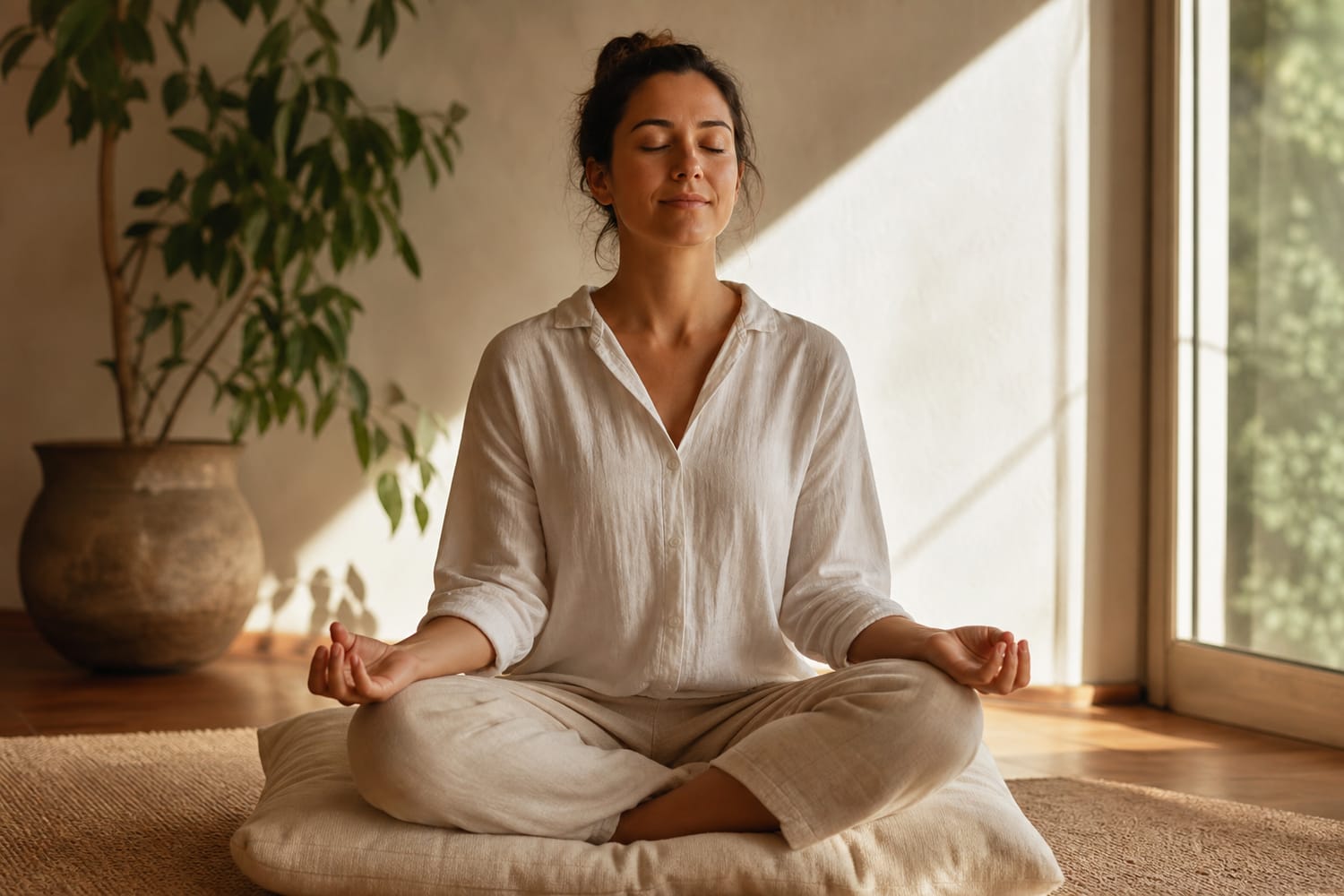 A woman sitting cross legged on a cushion at home with her eyes closed, calm and relaxed in soft morning light.