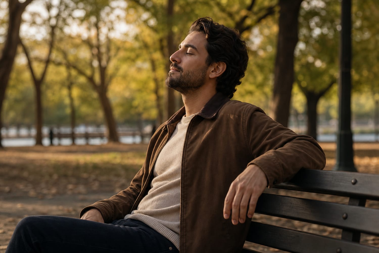 A man sitting on a park bench with his eyes closed, taking a mindful pause outdoors in soft golden light.
