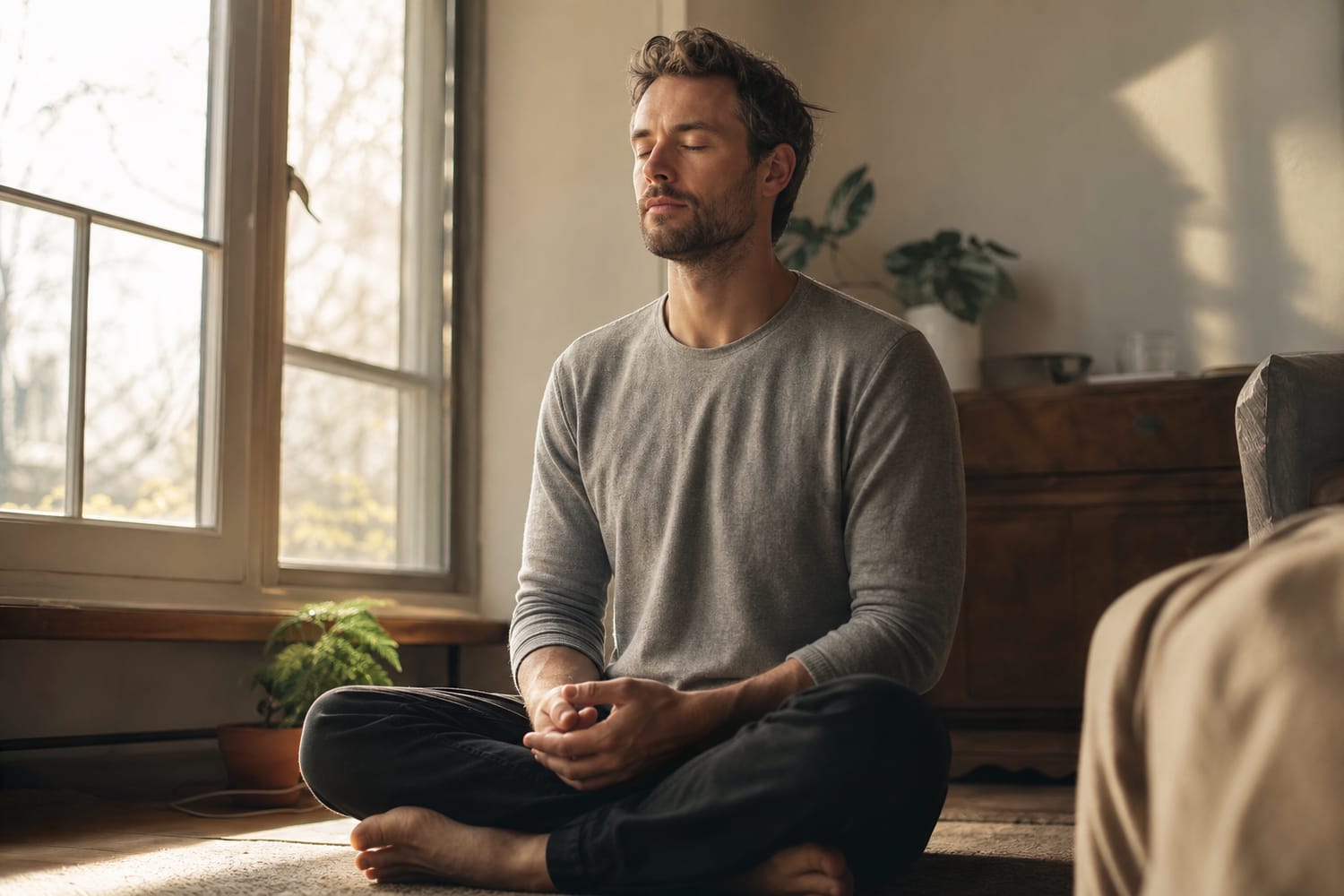 A man sitting cross-legged by a window in the first calm moments of meditation.