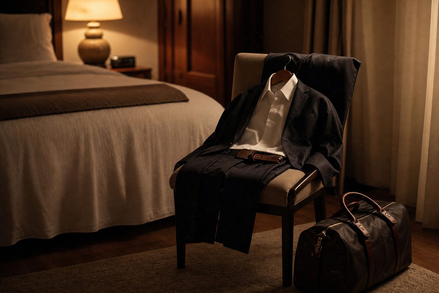 A chair beside a bed with tomorrow's clothes laid out and a packed bag on the floor, evening lamplight, everything decided the night before.