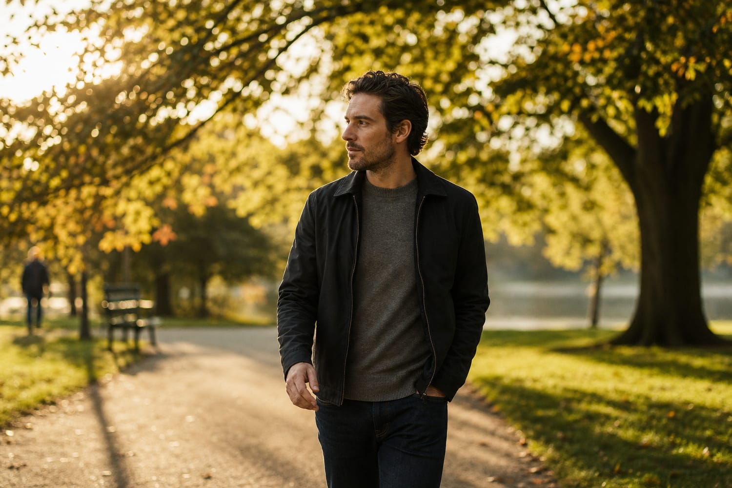 A man walking briskly through a green park in golden light, clearing his head and breaking the cycle of overthinking.