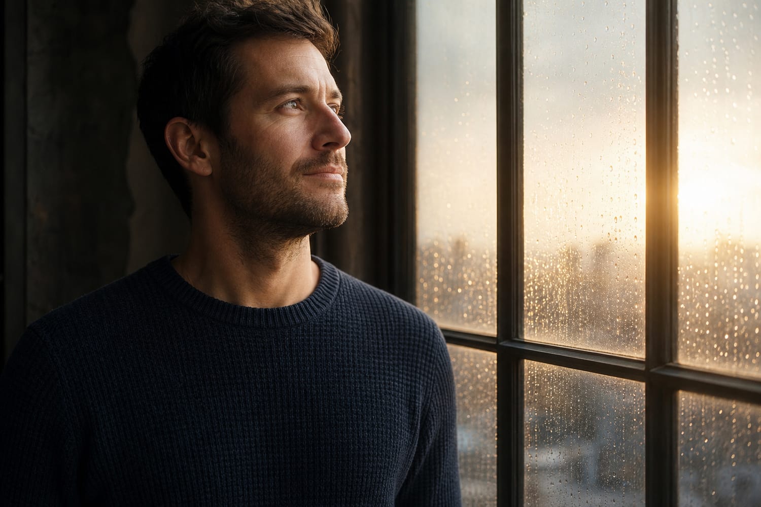 A man by a rain flecked window turning his gaze toward the light breaking through.
