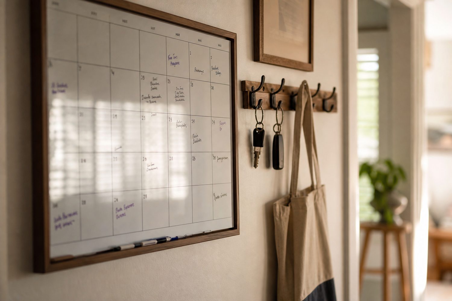 A hallway wall with a large monthly dry erase calendar beside a hook rail with keys, morning light, a home arranged to do the remembering.