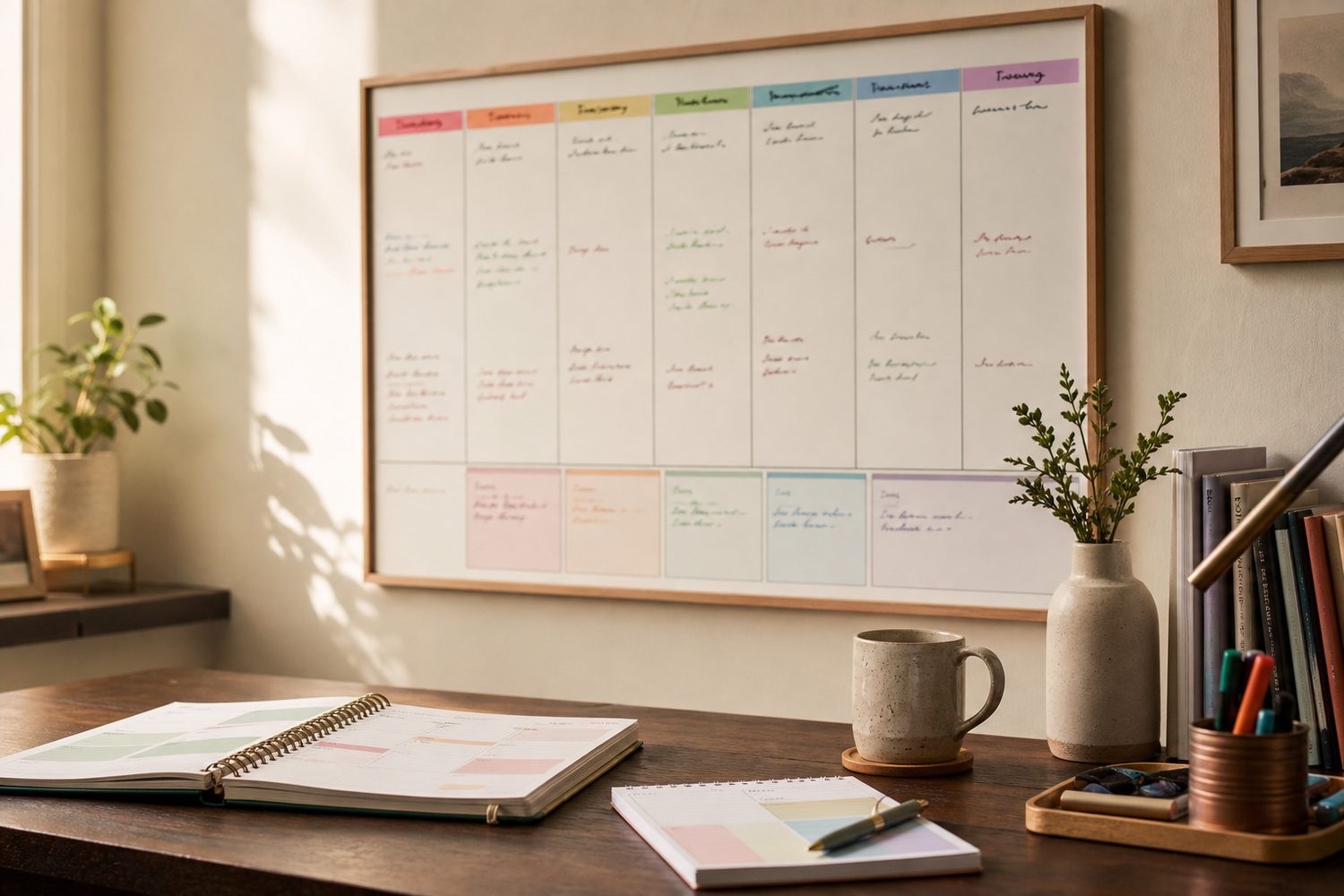 A bright home workspace with a magnetic weekly whiteboard on the wall, an open undated paper planner and a small desk pad with three priorities, warm natural morning light.