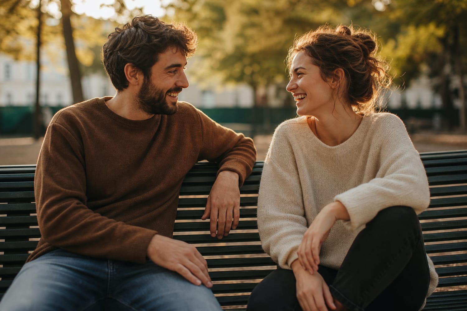 Two friends, a man and a woman, talking and laughing warmly together on a park bench in golden afternoon light.