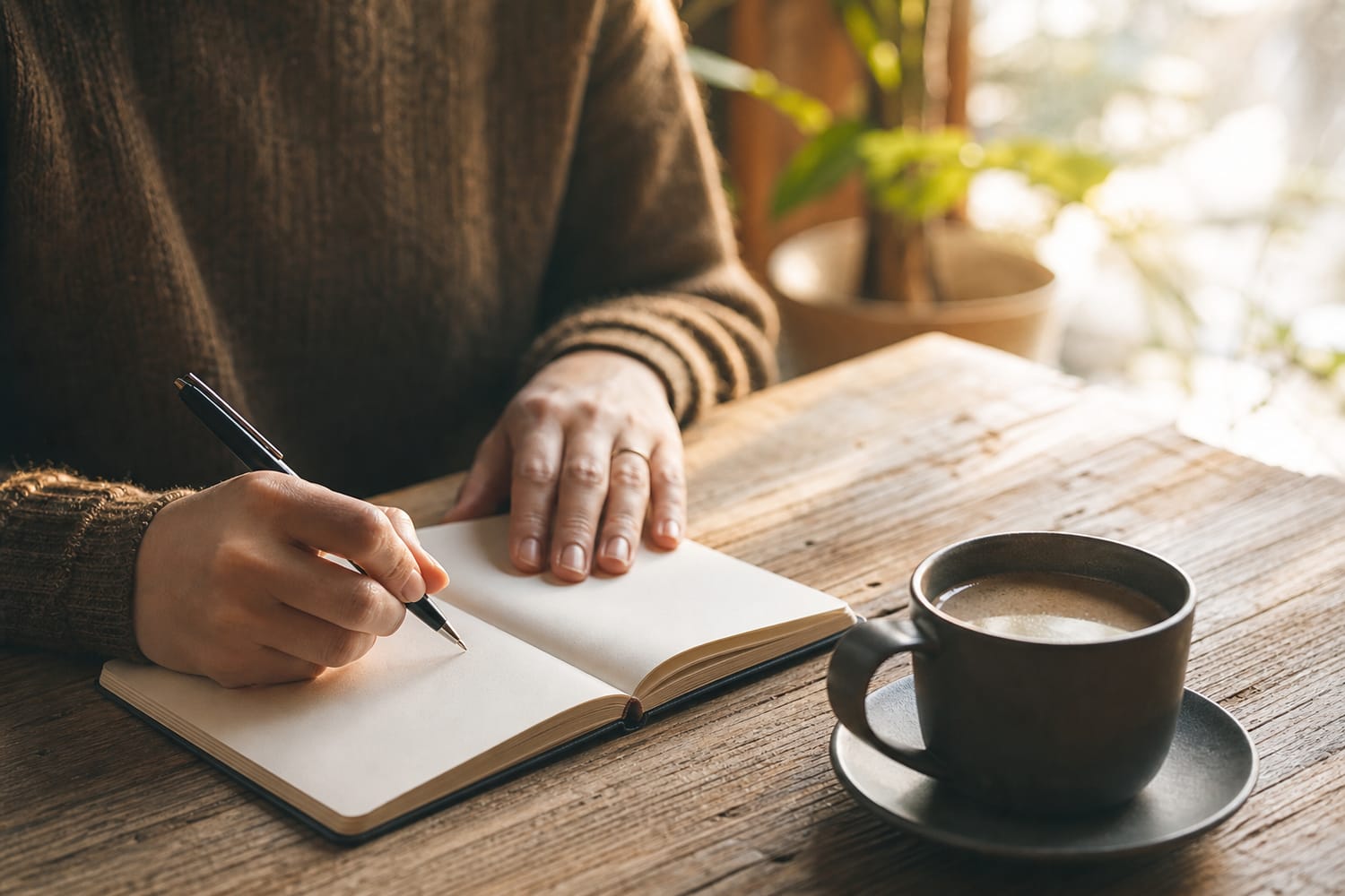 Close up of a person's hands writing a short list in a journal at a sunlit table beside a cup of coffee, soft morning light, face not shown.