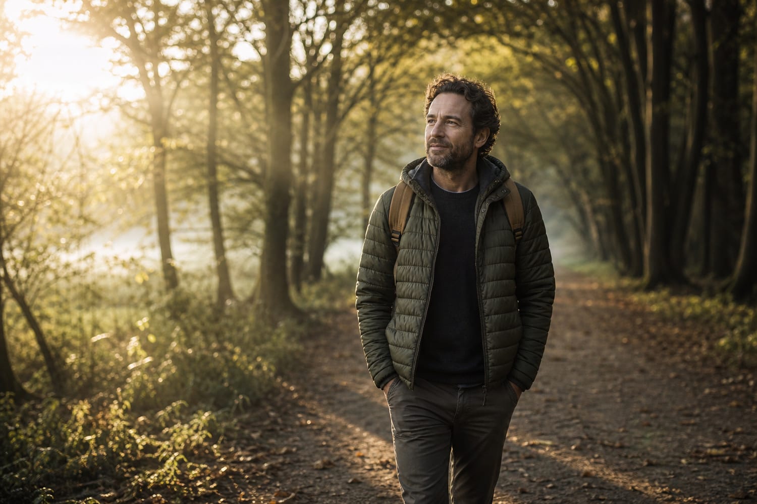 A man walking along a tree-lined path in golden morning light.