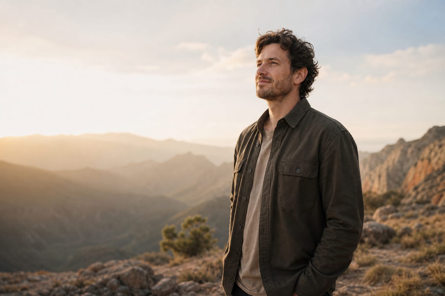 A man standing outdoors looking toward the horizon with a calm, hopeful, open expression in golden morning light.