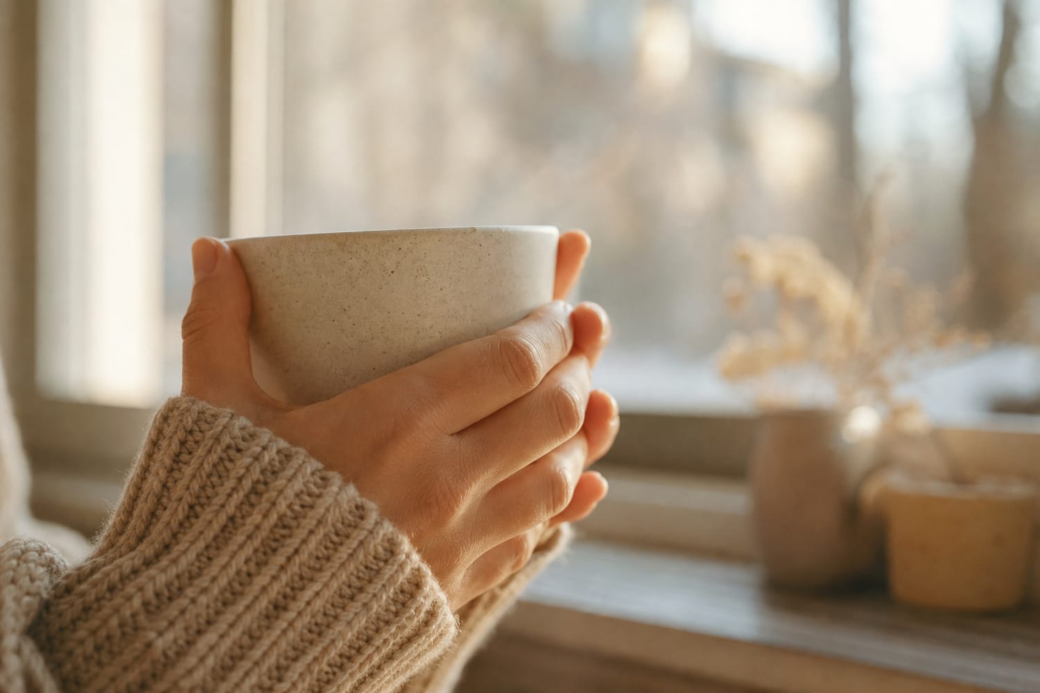 Close up of a person's hands cradling a warm mug by a sunlit window on a calm, unhurried morning, face not shown.